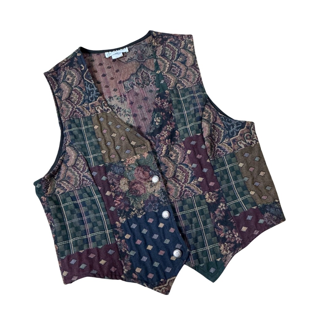Banjo Vintage Tapestry Patchwork Vest Women Large Multi Color Boho Dark Academia